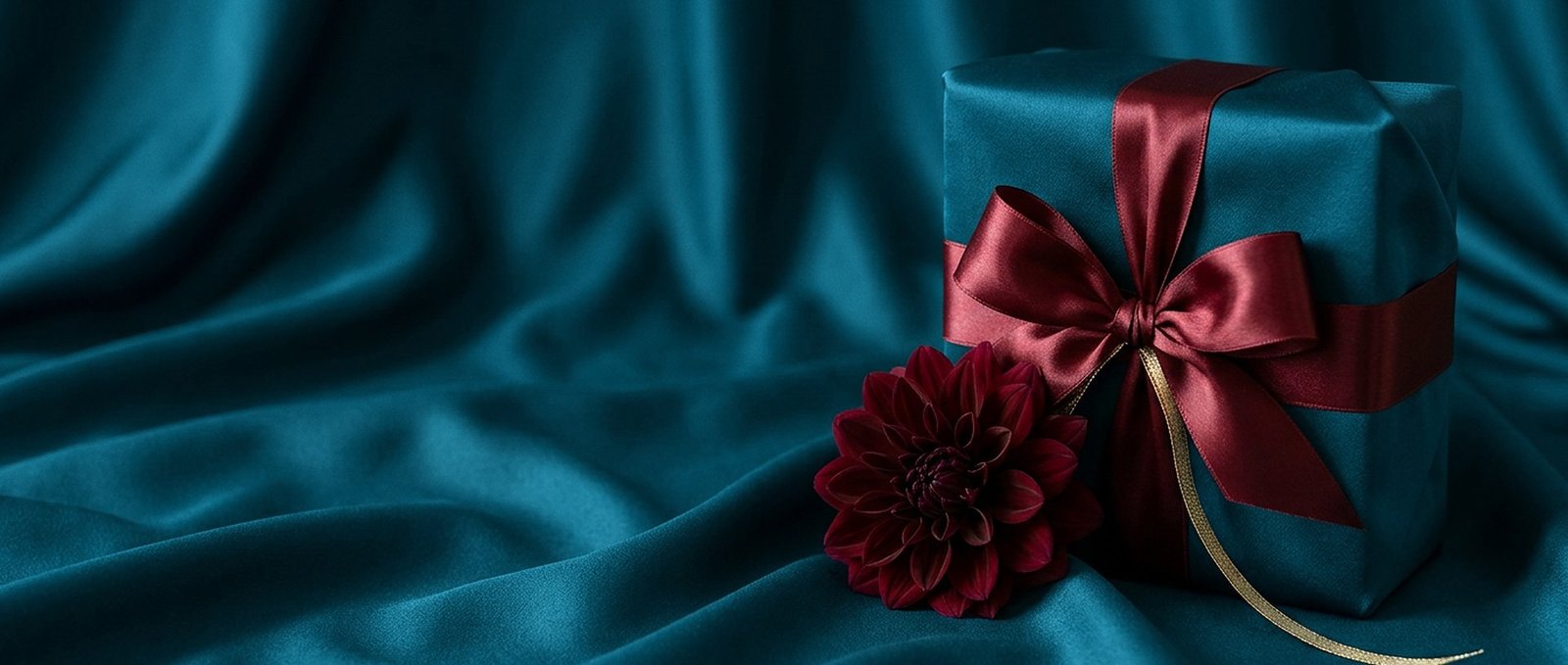 Peacock-blue silk gift box tied with an oxblood satin ribbon beside a burgundy dahlia
